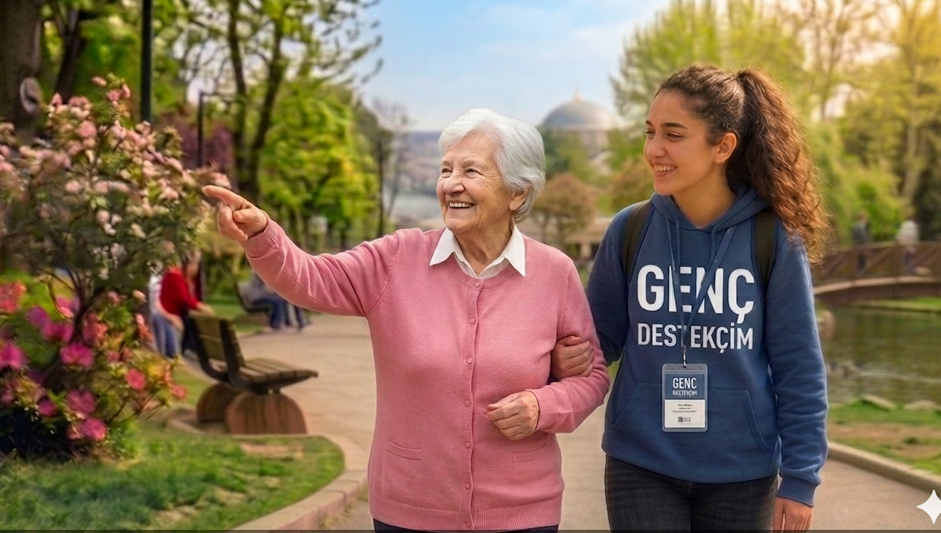 Parkta yaşlı bir kadına eşlik eden GençDestekçim gönüllüsü